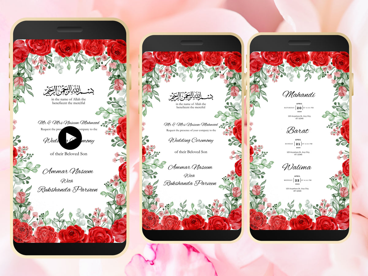 Muslim Wedding Invitation, RedCard Invite, Muslim E-Card, Animated Digital, Template, Digital Wedding Card, Floral Wedding Invitation. WEI29