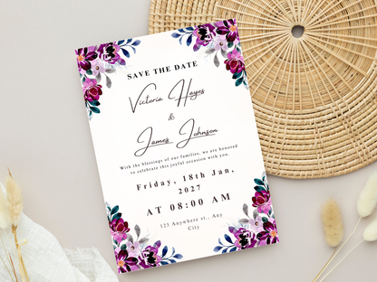 Plum Purple Floral Wedding Invitation, Details, RVSP,  Digital Download MTC410