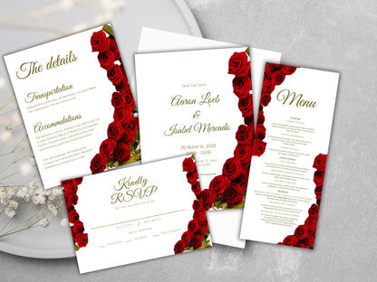 Red Rose Wedding Invitation set, Red Rose RSVP, Dark Red floral, Elegant Red Rose wedding Invitation, Details Editable, Menu Card, WT38