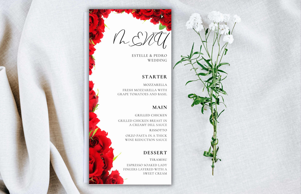 Wedding Menu Template Download, Red Rose Wedding Menu Cards, Menu Template, Wedding Menus, Modern Reception Dinner Menu Editable, WS48
