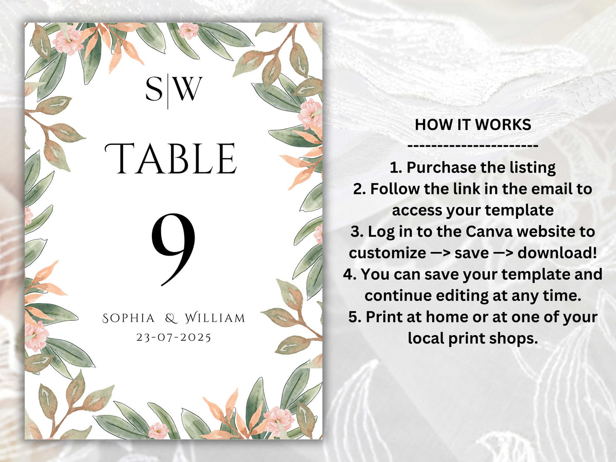 Wedding Table Numbers Template, Wedding Table Numbers, Pink Flower, Floral Wreath, Printable Table Numbers, Wedding Seating Chart. TS2