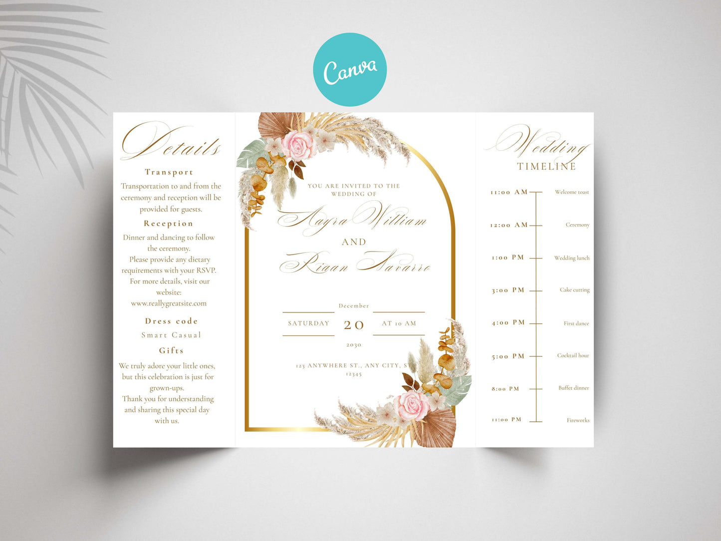 Elegant Wedding Invitation Template | Boho Floral Arch Invite with Timeline | Printable Details Card | Modern Wedding Stationery Suite.WI149