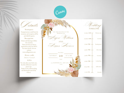 Elegant Wedding Invitation Template | Boho Floral Arch Invite with Timeline | Printable Details Card | Modern Wedding Stationery Suite.WI149