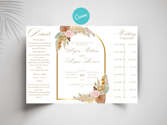 Elegant Wedding Invitation Template | Boho Floral Arch Invite with Timeline | Printable Details Card | Modern Wedding Stationery Suite.WI149