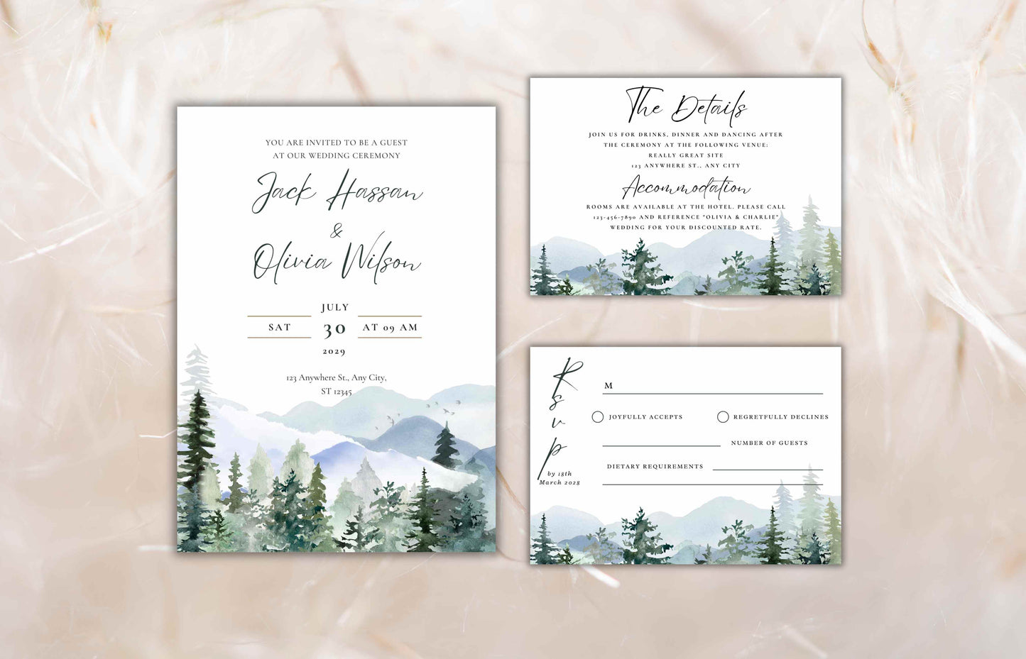 Mountain Wedding Invitation Template Set Pine Tree Wedding Suite, Details Card, Printable RSVP, Outdoor Wedding Invite. WI92