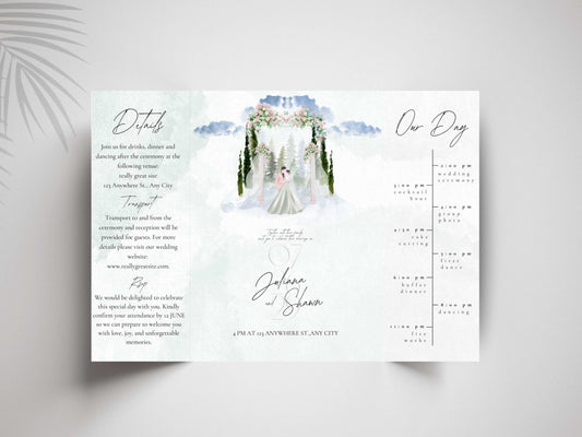 Elegant Wedding Itinerary Invitation | Watercolor Floral Arch Wedding Card | Modern Timeline Order of Events Invite. 158