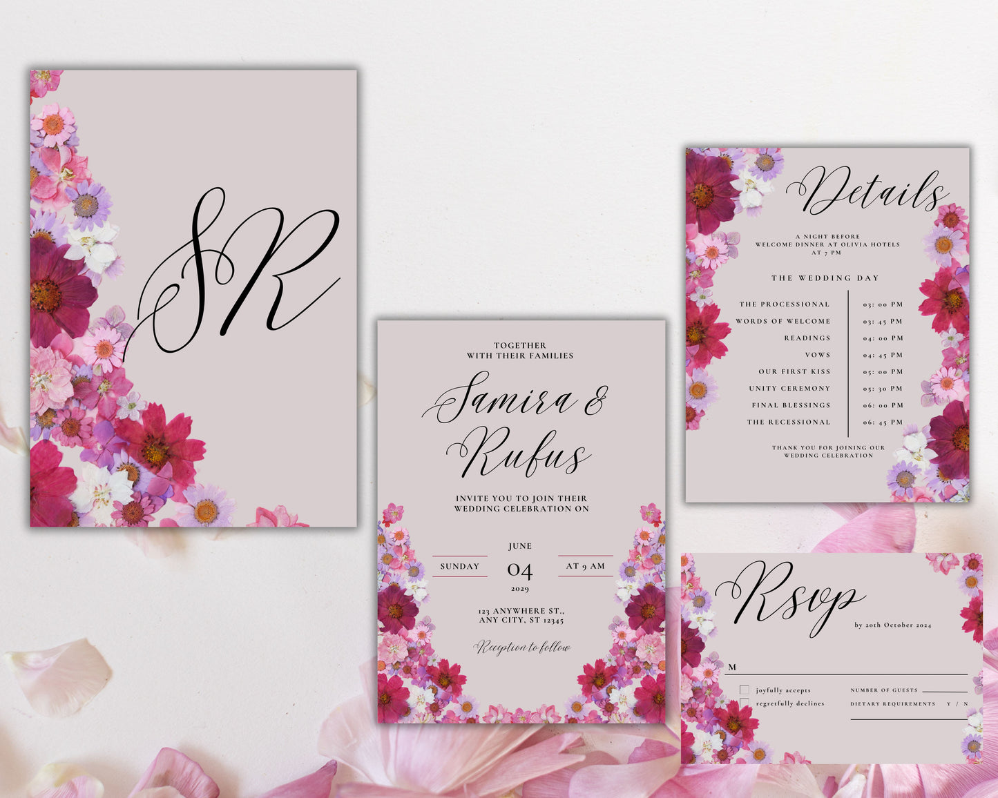 Pink Flowers Wedding Invitation set, Pink Floral RSVP, Elegant Pink Rose wedding Invitation, Details , Editable,Template, WT47