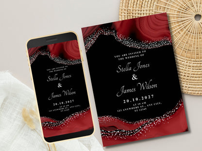 Wedding Invitation, Electronic Wedding Invite, Digital Download, Red Black theme Wedding Evite, Wedding Template. WEIB88