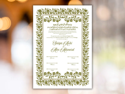 Floral Nikkah Certificate, Islamic Wedding Contract, Nikkah Nama, Muslim Marriage Certificate, Personalised Names, Quran Verse. NN280