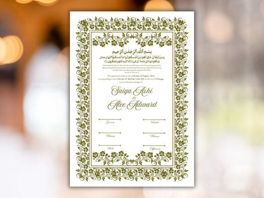 Floral Nikkah Certificate, Islamic Wedding Contract, Nikkah Nama, Muslim Marriage Certificate, Personalised Names, Quran Verse. NN280