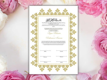 Luxury Nikkah Certificate, Premium A4 Islamic Wedding Contract, Nikkah Nama, Muslim Marriage Certificate, Personalised Names, A4, A3. NN214