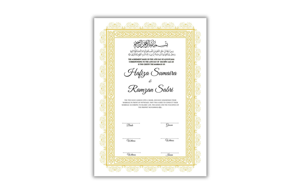Muslim Wedding Contract A3/A4, Gold Islamic Nikkah Certificate Template, Editable. Nn125