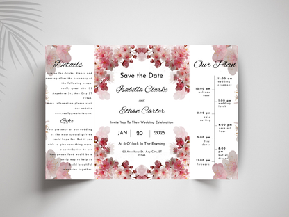Blush Floral Gatefold Wedding Invitation Template |  Cherry Blossom Wedding Suite | Printable Save The Date & Details Card. WI179