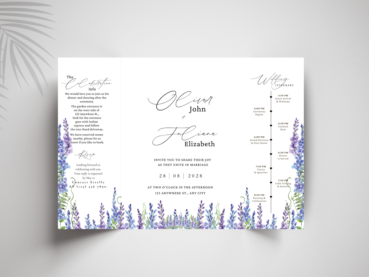 Lavender Wedding Invitation Template, Elegant Floral Itinerary Invite, Rustic Garden Wedding Suite, Editable Purple Flower Invitation.WI178