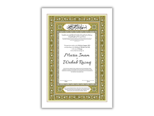 Luxury Nikkah Certificate, Premium A4 Islamic Wedding Contract, Nikkah Nama, Muslim Marriage Certificate, Personalised Names, A4, A3. NN172