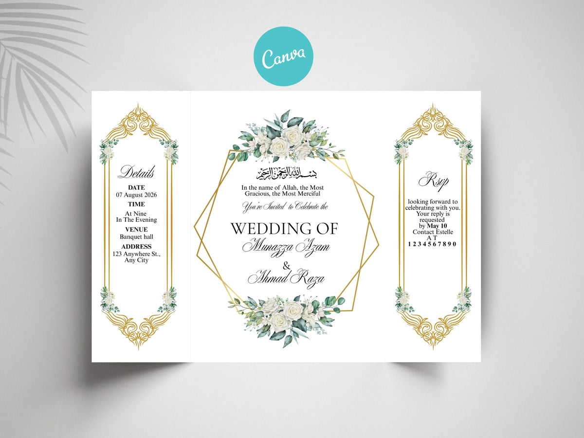 Islamic Wedding Invitation | Elegant Bismillah Card | Muslim Nikah Invitation | Green Floral Wedding Card | Printable Template. WI145