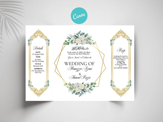 Islamic Wedding Invitation | Elegant Bismillah Card | Muslim Nikah Invitation | Green Floral Wedding Card | Printable Template. WI145
