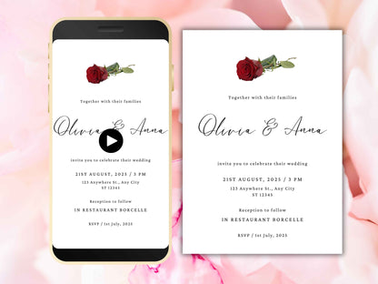 Red Rose Wedding Invitation, Electronic Wedding Invite Template , Minimalist Evite, Red Rose Wedding Evite, Templett. WEI40