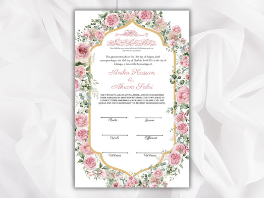 Nikkah Certificate, Muslim Nikkah Certificate, Islamic Marriage Contract Template,Pink Nikah Contract, Digital Download. NN269