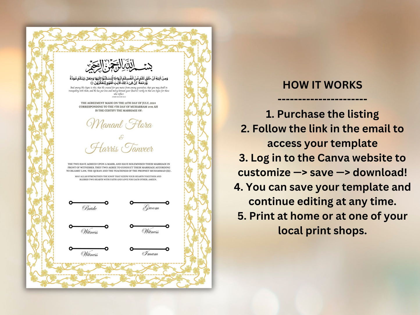 Nikkah Certificate Digital Download Personalised, A4, A3, Template, Editable, Nikkah Nama Template, Nikkah Contract, Muslim Contract. NN258