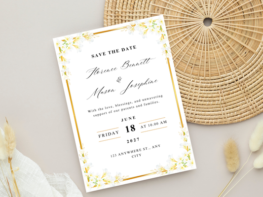 White Lily Wedding invitation Card, Gold Floral Menu Template, Detailed, RVSP,  Editable Thank You, Bottle Label, Table Card, MTC373