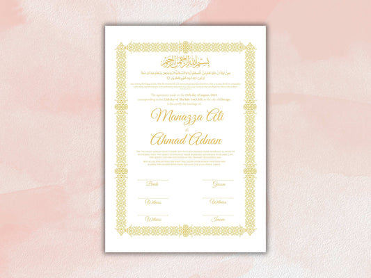 Luxury Nikkah Certificate, Premium A4 Islamic Wedding Contract, Nikkah Nama, Muslim Marriage Certificate, Personalised Names, A4, A3. NN277