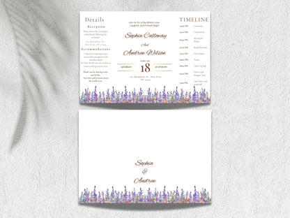 Elegant Floral Wedding Invitation with Timeline & Details | Purple Lavender Watercolor Template | Printable Reception Card. WIB130