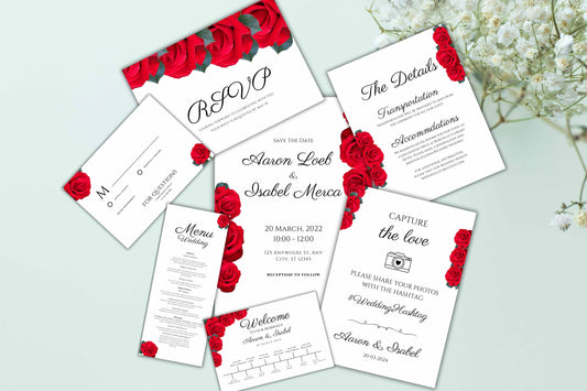 Red Rose Wedding Invitation set, Red Rose RSVP, Welcome Sign, Elegant Red Rose Wedding Timeline, Details Editable, Menu Card, WC40