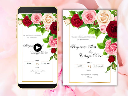 Red Rose Wedding Evite Template, Electronic Wedding Invitation, Pink Rose video Wedding Invitation, Text Message, Mobile Phone Invite. WEI39