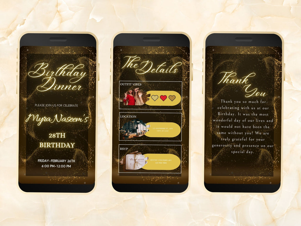 Digital Birthday Party Invitation Template,Digial Birthday Dinner Invitation with Thank you Card, Birthday Evite, Editable Template, BEI14