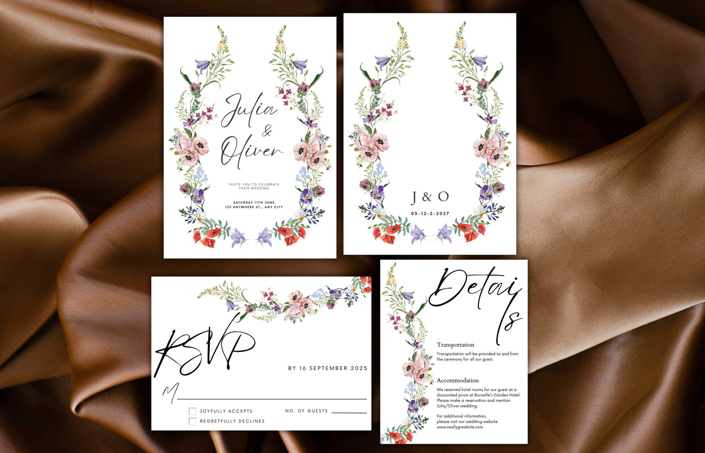 Garden Flowers Wedding Invitation Template, Printable Wildflower Wedding Invite, Colorful Floral Wedding Invitation Set, Digital. WT50