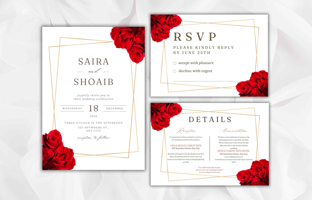 Elegant Red Rose Wedding Invitation Suite, Red Rose Wedding Invitation with Gold Frame, Printable Suite, Burgundy Editable Rsvp. WI99