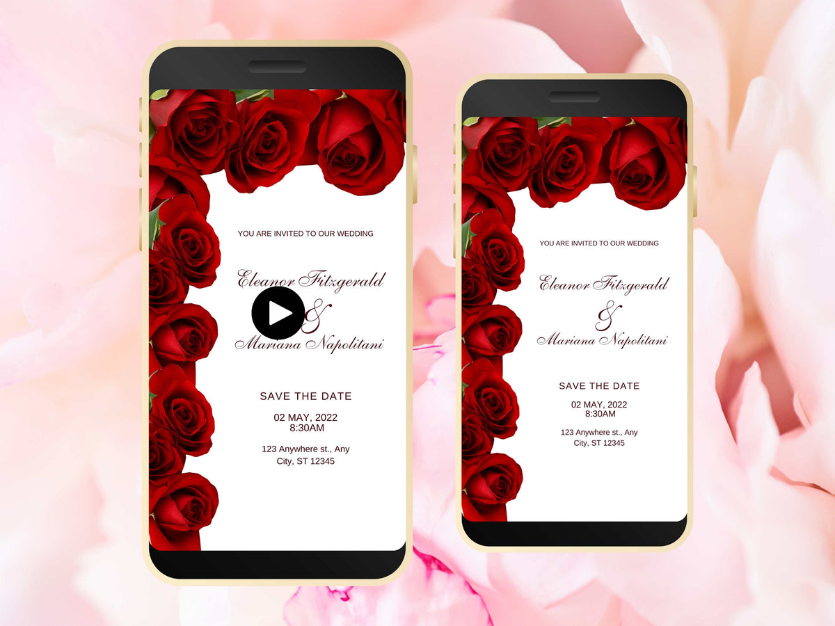 Red Rose Wedding Evite Template, Electronic Wedding Invitation, Red Rose video Wedding Invitation, Text Message, Mobile Phone Invite. WEI31