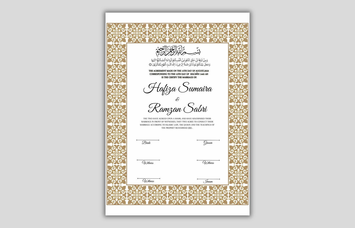 Printable Nikkah Contract Template a3 a4 | Islamic Marriage | PDF Muslim Marriage Contract | Authentic Islamic Wedding Sign Agreement. NN119