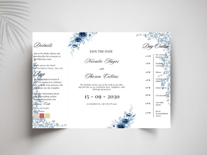 Blue Floral Wedding Itinerary Template, Save The Date Schedule Card, Elegant Navy Wedding Day Timeline, Printable Itinerary Invitation.WI175