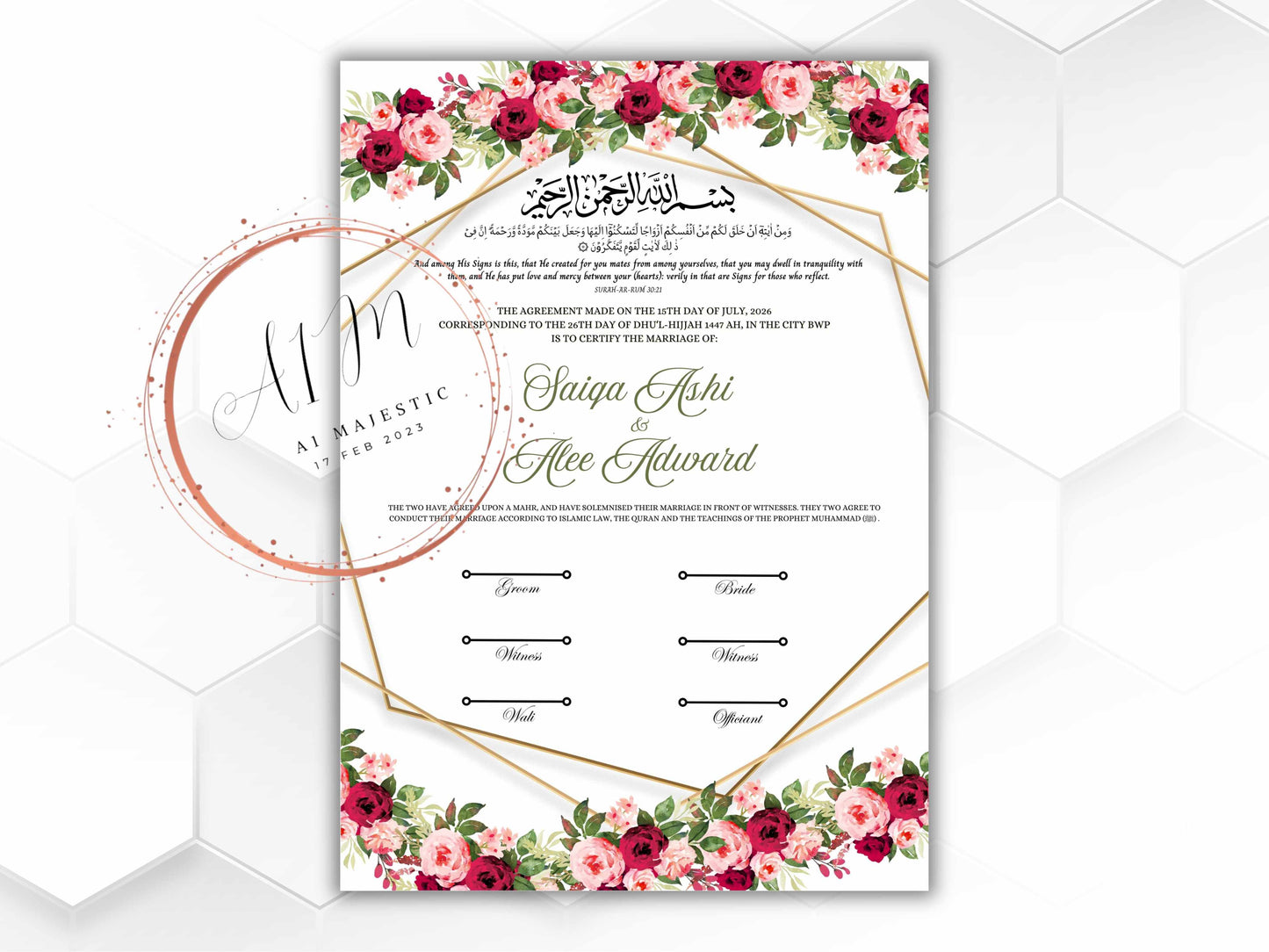 A4/A3 Nikkah Certificate, Pink Gold Nikkah Certificate, Wedding Contract, Nikkah Nama, Muslim Marriage Certificate, Personalised Names.NN278