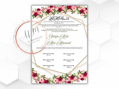 A4/A3 Nikkah Certificate, Pink Gold Nikkah Certificate, Wedding Contract, Nikkah Nama, Muslim Marriage Certificate, Personalised Names.NN278