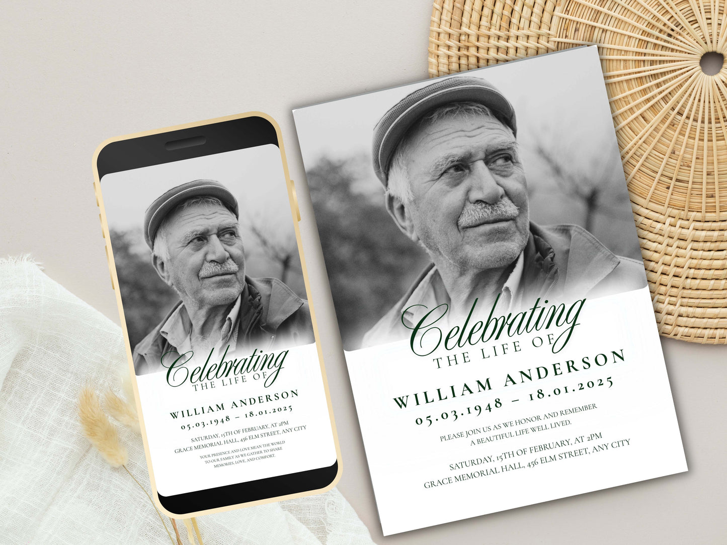 Funeral Invitation Template | Celebration of Life Memorial Card | 5x7 & Mobile Digital Download | Editable Obituary Invite | WEI91