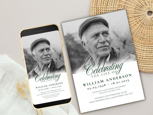 Funeral Invitation Template | Celebration of Life Memorial Card | 5x7 & Mobile Digital Download | Editable Obituary Invite | WEI91