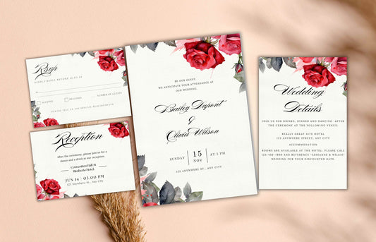 Wedding Invitation Set, Editable Red Rose Wedding , Wedding Invitation Template, Floral Invitation, Reception Card, RSVP Card, Details. WT35