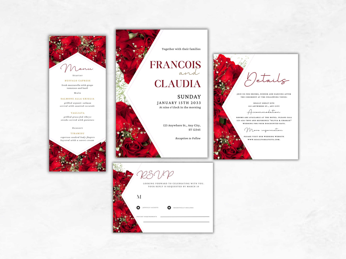 Red Rose Wedding Invitation set, Red Rose RSVP, Details Editable, Menu Card, Printable Wedding Suite, Wedding Invitation Template. WT48