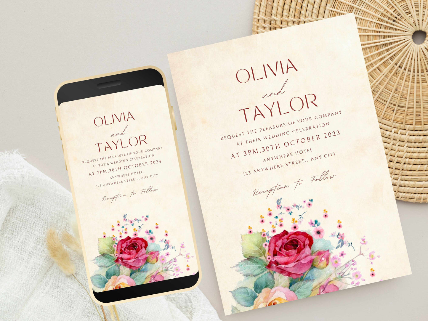 Wedding Invitation, Electronic Wedding Invite, Digital, Editable, Watercolor Flower Wedding Evite, Templett. WEI21