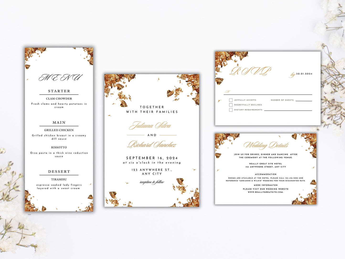 Gold Wedding Invitation Set, Gold RSVP, Wedding Invitation, Details Editable, Menu Card, Save The Date, Wedding Invite. WC82