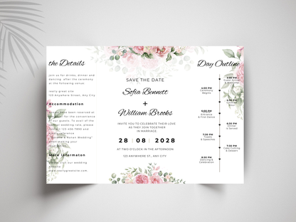 Floral Wedding Itinerary Template, Save the Date Timeline Card, Editable Canva Template, Wedding Day Schedule, Printable Details Card. WI181