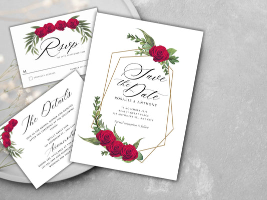 Red Rose Wedding Invitation Template , Red rose Invite, Elegant Red Rose wedding Invitation, Editable, Rsvp, Details, Digital Download.WT86