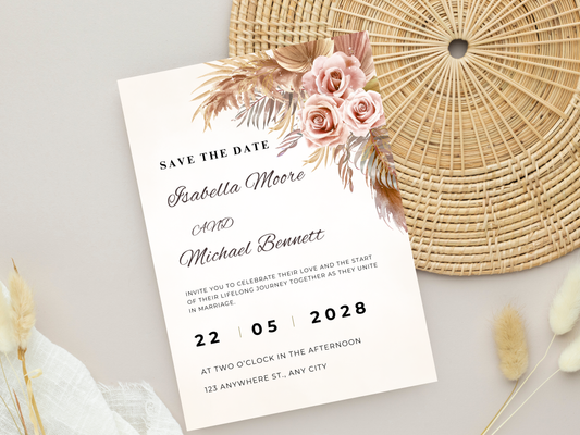 Bohemian Floral Wedding Invitation Suite, Neutral Rose Wedding Invite, Canva Editable Wedding Bundle | MTC417