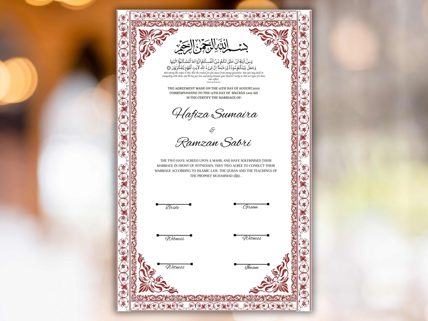 Nikkah nama Template, Contract certificate, Muslim Wedding Certificate. NN285