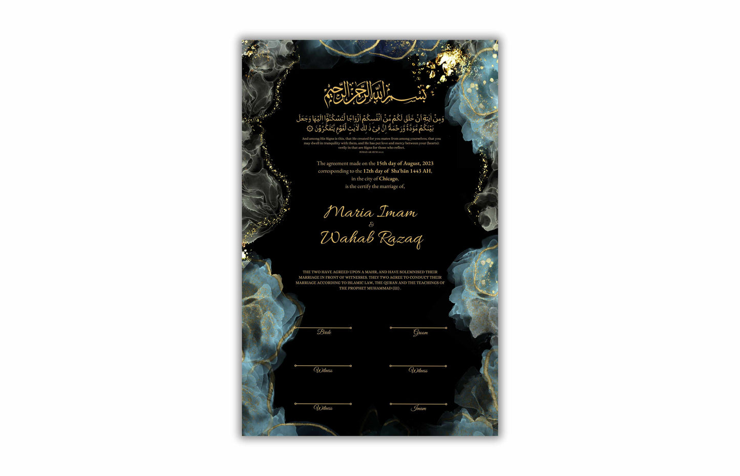 Luxury Nikkah Certificate, Premium Islamic Wedding Contract, Nikkah Nama, Muslim Marriage Certificate, Personalised Names. NN183