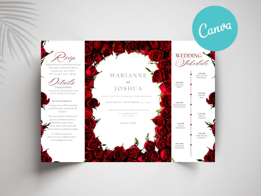 Elegant Red Rose Gatefold Wedding Invitation | Romantic Floral Wedding Card | Printable Wedding Invite with Schedule & RSVP. WI139