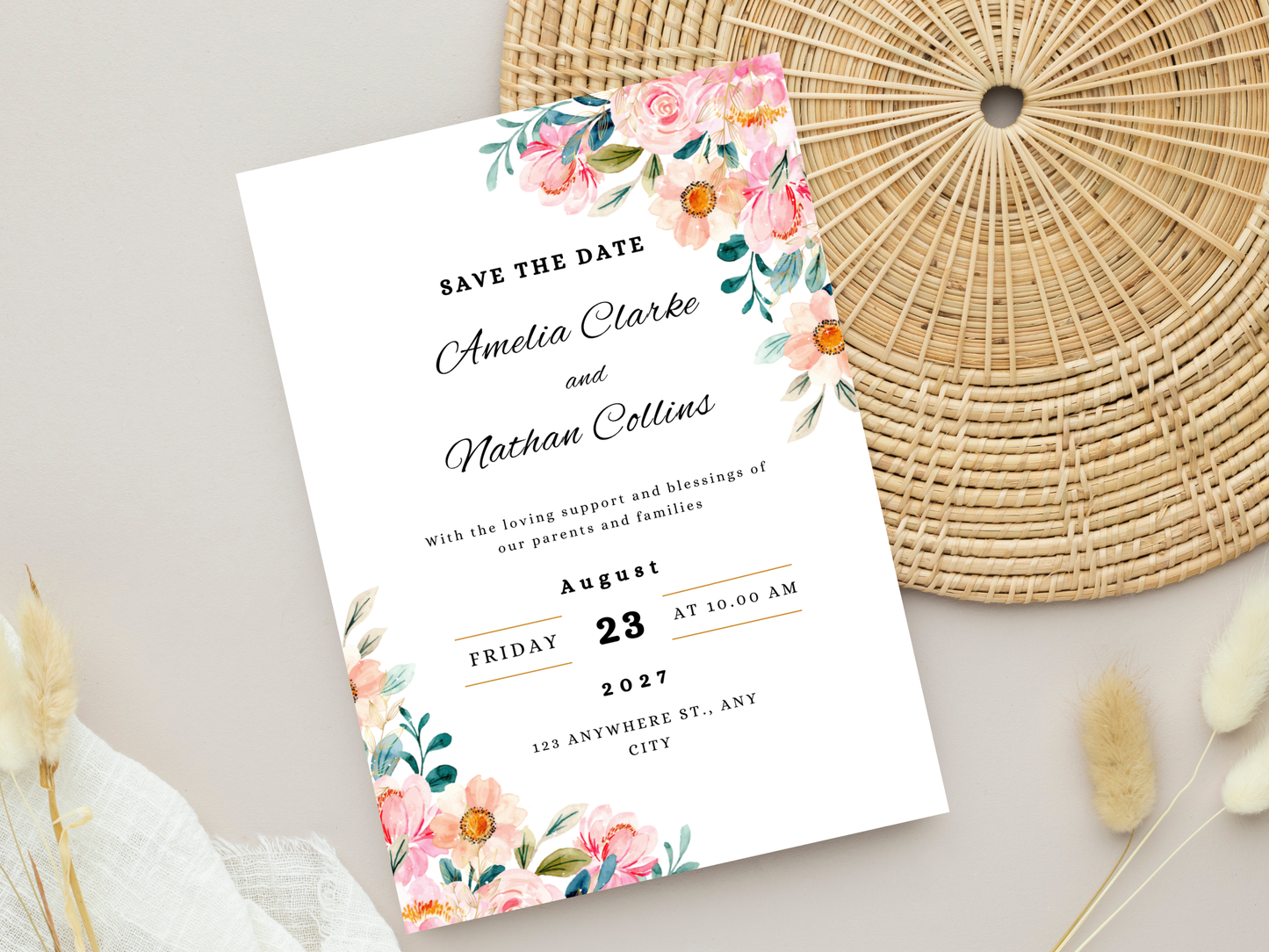 Luxury Blush Wedding Invitation Bundle, Floral Menu, RSVP, Details Card Template MTC383
